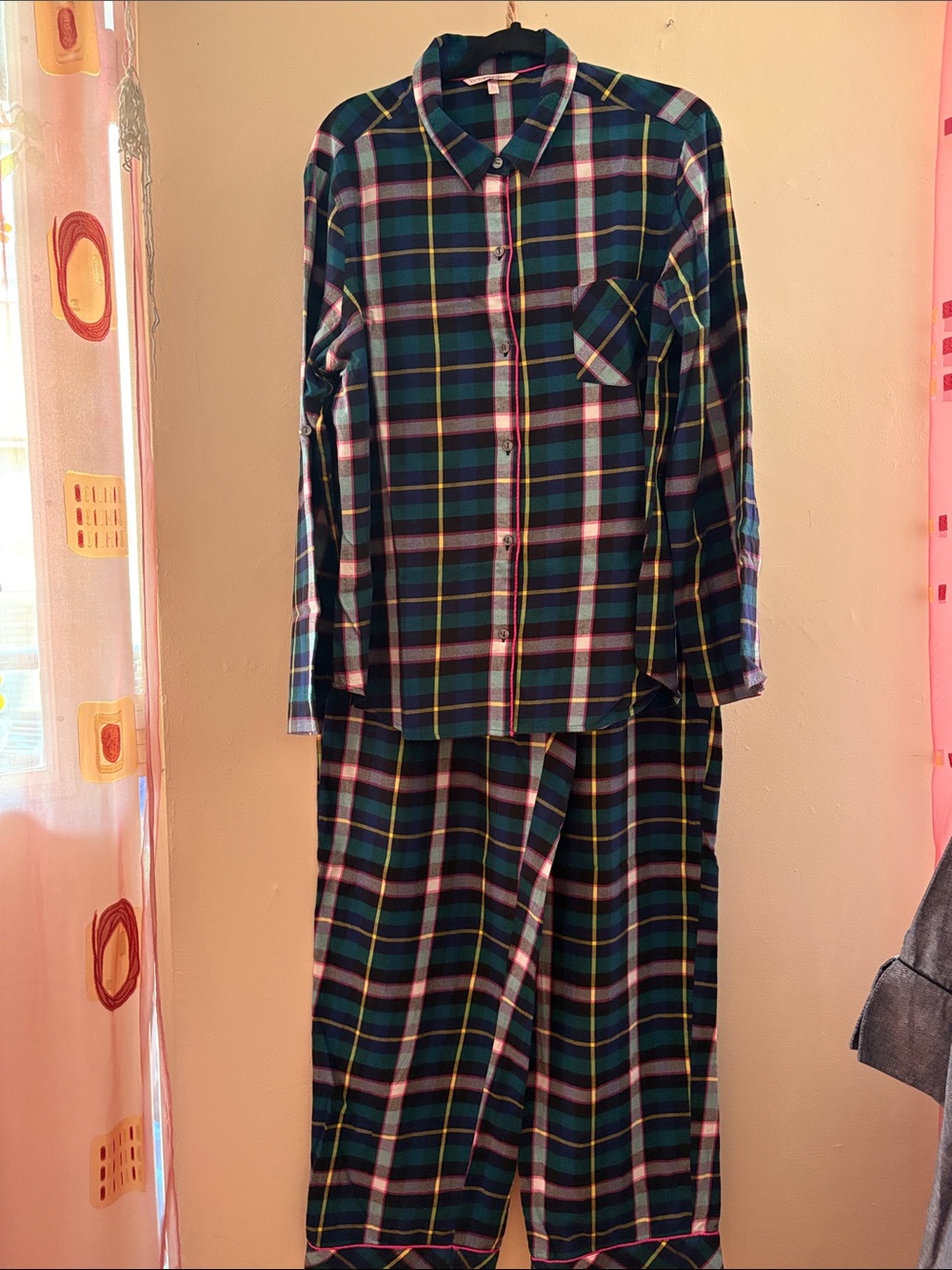 Victoria's Secret Plaid Two-Piece Pajama Set - Green, Blue, Pink